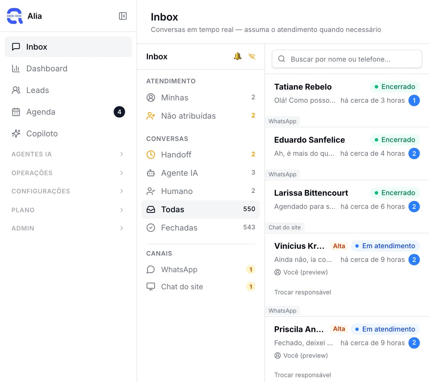 Inbox da Alia: conversas separadas em Handoff, Agente IA, Humano e Fechadas, com o canal de cada uma